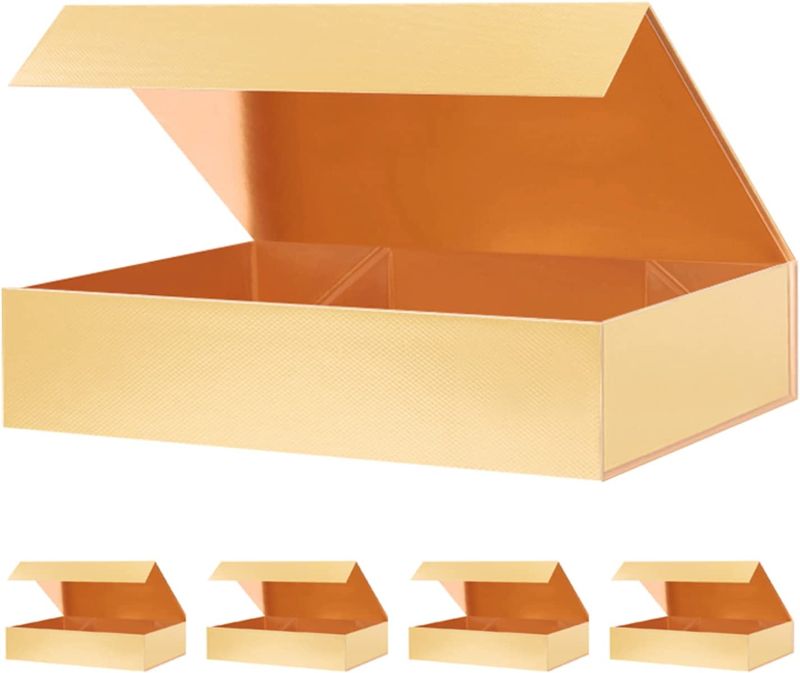 Photo 1 of HAPPY POTATO Gift Boxes 11x5.8x2.5 Inches, Gold Magnetic Gift Boxes, Gift Boxes with Lid, Sturdy Shirt Boxes for Wrapping Gifts (Gold Grain Texture, Pack of 5)
