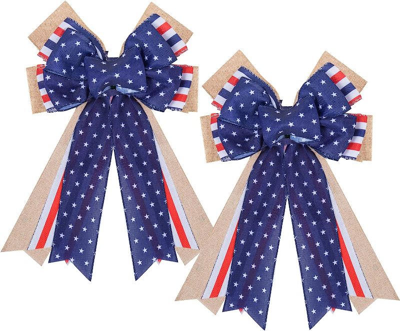 Photo 1 of 2 Pcs Patriotic Bows Red White Blue Stripes Stars Bows Burlap Wreath Bows Holiday Tree Topper Bow for Independence Day Memorial Day 4th of July Veteran's Day Decor (Classic Style, 20.9 x 11.45 Inches)