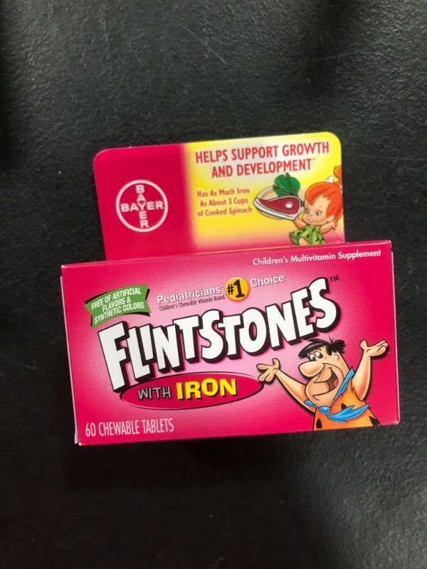 Photo 2 of Flintstones Chewable Kids Vitamins with Iron, Multivitamin for Kids & Toddlers with Vitamin D, Vitamin C & more, 60 Count EXP 10/2023