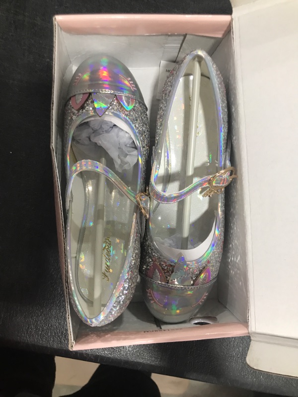 Photo 1 of Furdeour Girls Dress shoes Mary Jane Wedding Flower Bridesmaids Heels Glitter Princess Shoes for Kids Toddler 3 Big Kid Unicorn Silver