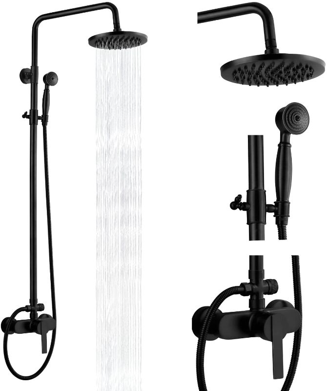 Photo 1 of Airuida Matte Black Exposed Pipe Shower System Single handle 8 Inch Rainfall Shower Fixture Solid Copper Diverter Adjustable Shower Head Bar Modern Dual Functions Shower Faucet Combo Unit Set