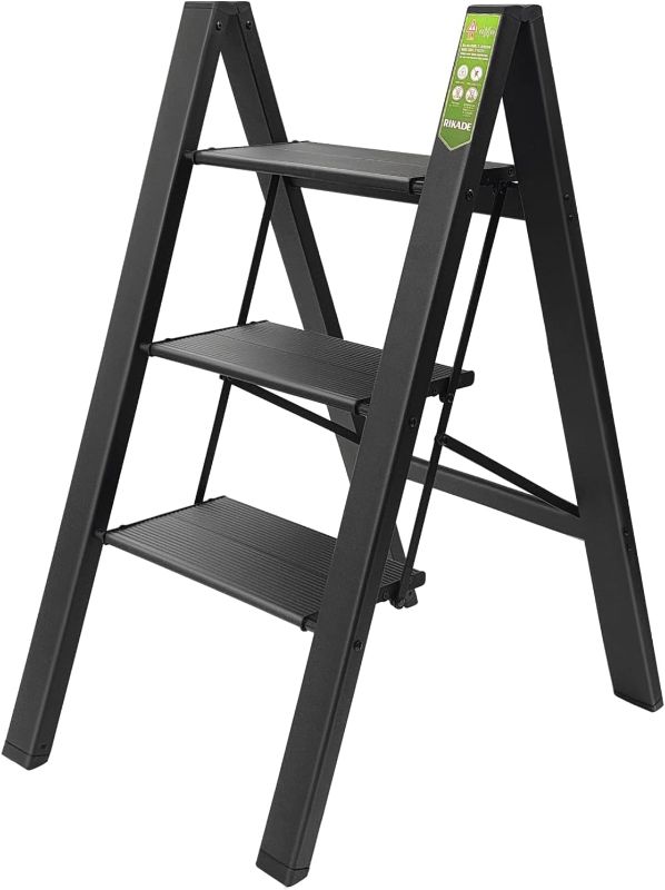 Photo 1 of 3 Step Ladder, RIKADE Folding Step Stool with Wide Anti-Slip Pedal, Aluminum Portable Lightweight Ladder for Home and Office Use, Kitchen Step Stool 330lb Capacity 