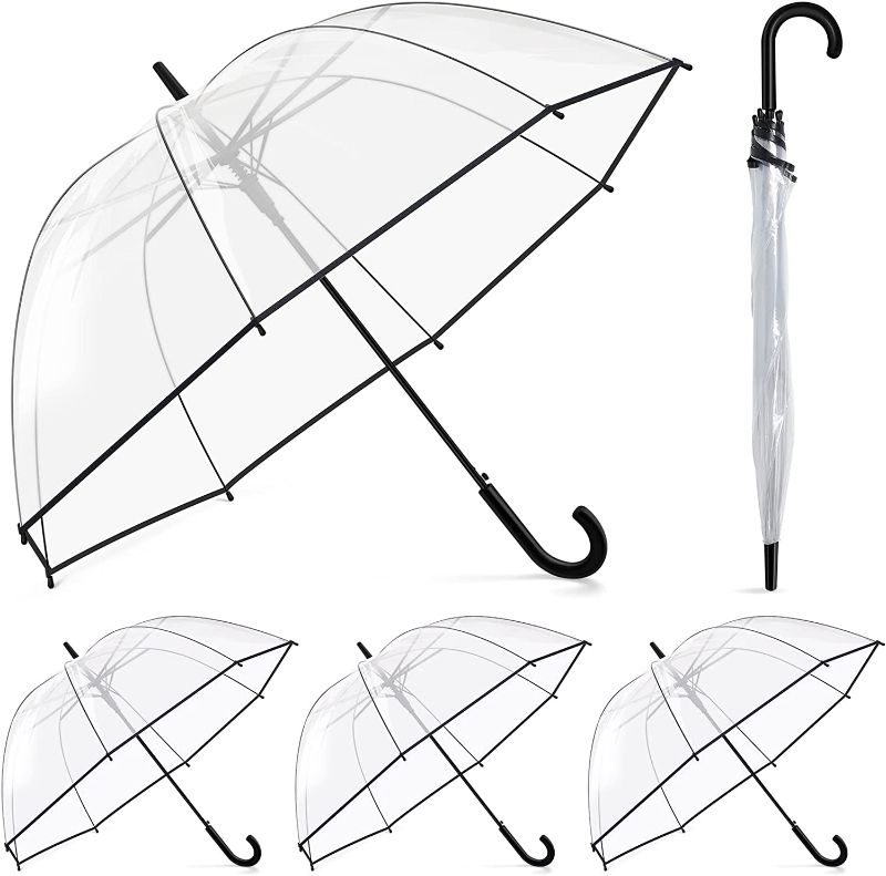 Photo 1 of 4 Pack Clear Bubble Umbrella Wedding Auto Open Clear Dome Umbrella Windproof Transparent Wedding Umbrella with J Hook Handle for Weddings, Prom, Graduation and Outdoor Events 