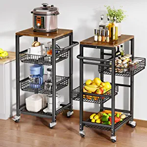 Photo 1 of 3 Tier Kitchen Rolling Storage Cart with Solid Wood Top and Wheels,  Black 