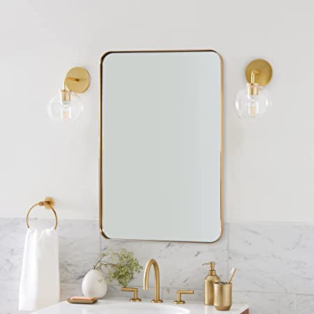 Photo 1 of ANDY STAR Gold Bathroom Mirror for Wall, 20x28” Brushed Brass Metal Rounded Corner Rectangle Mirror, Wall Mirror in Stainless Steel Metal Frame, 1" Deep Set Design Hangs Horizontal Or Vertical 