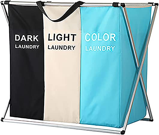 Photo 1 of 135L Laundry Cloth Hamper Bag Sorter Basket Bin Foldable 3 Sections with Aluminum Frame 24'' × 14'' x 23'' Washing Storage Dirty Clothes Bag for Bathroom Bedroom Home (Sky-blue)
