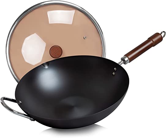 Photo 1 of WANGYUANJI Carbon Steel Wok Pan,12.59" Woks and Stir Fry Pans with Glass Lid,Chinese Traditional Wok Flat bottom Iron wok for Induction, Electric, Gas, Halogen All Stoves-Practical Gift
