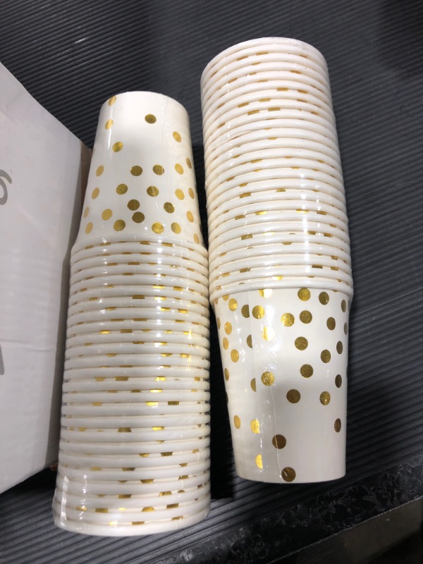 Photo 3 of 350PCS White and Gold Party Supplies, Severs 50 Disposable Party Dinnerware, Gold Plastic Forks Knives Spoons and Golden Dot Paper Plates, white Napkins Cups for Engagement Wedding Bachelorette