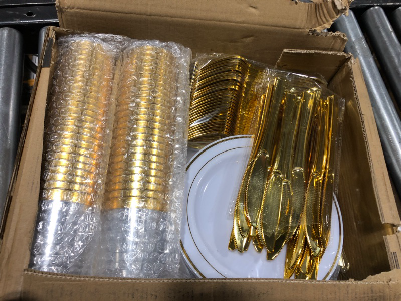 Photo 2 of 350 Piece MCIRCO Gold Dinnerware Set - 100 Gold Rim Plastic Plates - 50 Gold Plastic Silverware - 50 Gold Plastic Cups - 50 Linen Like Gold Paper Napkins, 50 Guest Disposable Gold Dinnerware Set