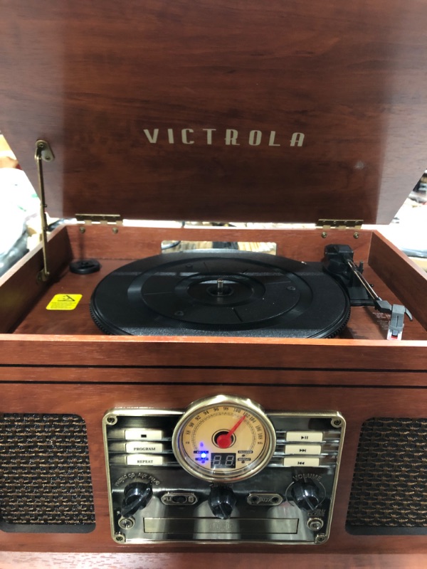 Photo 2 of Victrola Nostalgic 6-in-1 Bluetooth Record Player & Multimedia Center with Built-in Speakers - 3-Speed Turntable, CD & Cassette Player, FM Radio | Wireless Music Streaming | Mahogany Mahogany Entertainment Center