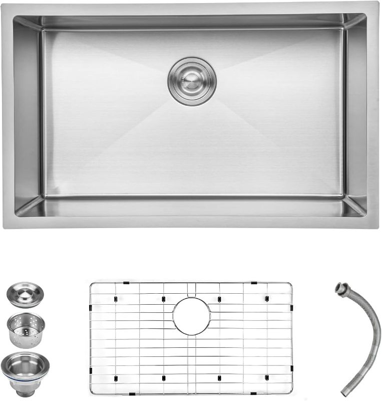 Photo 1 of 30 x 18 Inch Undermount Kitchen Sink Single Bowl Heavy Duty Stainless Steel Kitchen Sinks with Bottom Grid - Basket Strainer and Drains, 10 Inch Deep 