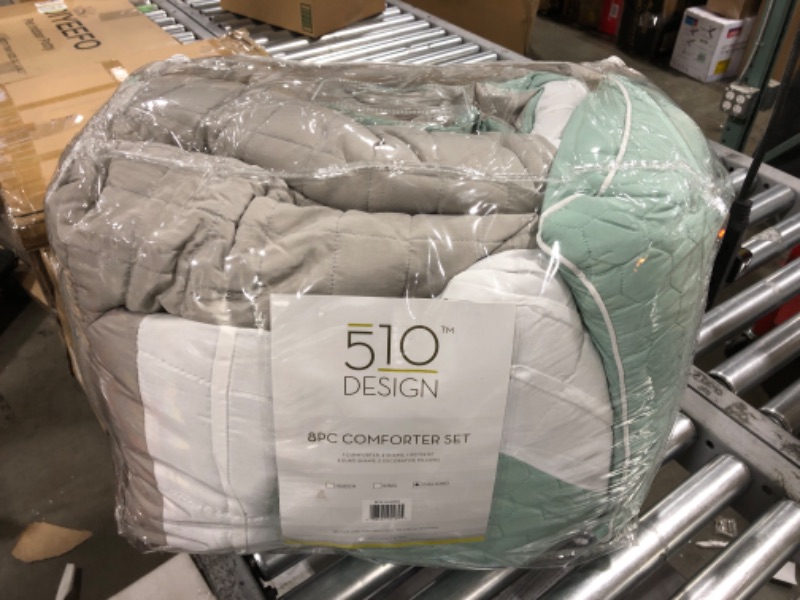 Photo 2 of 510 DESIGN Cozy Comforter Set - Geometric Honeycomb Design, All Season Down Alternative Casual Bedding with Matching Shams, Decorative Pillows, Cal King(104"x92"), Seafoam/Grey 8 Piece California King Tinsley Seafoam/Grey