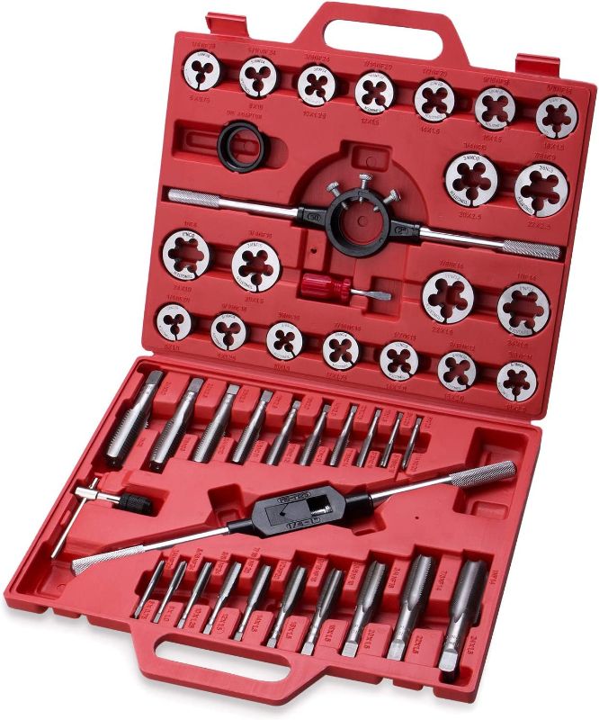 Photo 1 of 45-Piece Premium Large Size Tap and Die Set - SAE 1/4, 5/16, 3/8, 7/16, 1/2, 9/16, 5/8, 3/4, 7/8, 1”, Both Coarse and Fine Teeth | Essential Threading and Rethreading Tool with Handle Wrench and Case https://a.co/d/7aoQBoB