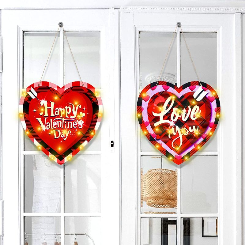 Photo 1 of 12 Inch Lighted Valentines Day Door Sign Wreath Red Heart Happy Valentine's Day Wooden Farmhouse Decorations Valentine Plaid Hanging Sign Wall Plaque for Valentine's Day Table Window Door Wall Decor 