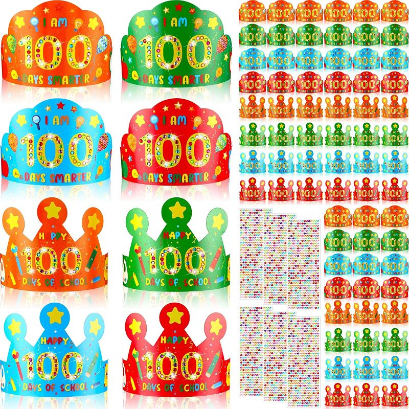 Photo 1 of 72 Pcs 100th Day of School Crowns with 6 Sheets Acrylic Rhinestone Stickers DIY 100 Days Paper Party Hat Happy Adhesive Rhinestones Paper Crowns for Kid 100 Days of School Celebration Party Favors 