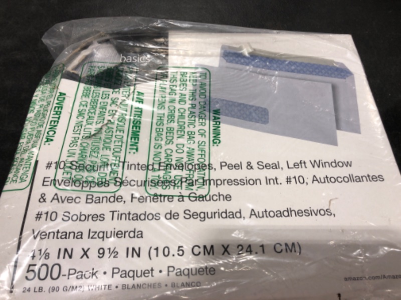 Photo 2 of Amazon Basics #10 Security-Tinted Self-Seal Business Envelopes with Left Window, Peel & Seal Closure - 500-Pack, White Tint Peel & Seal Single Left Window Envelopes "Open Box"