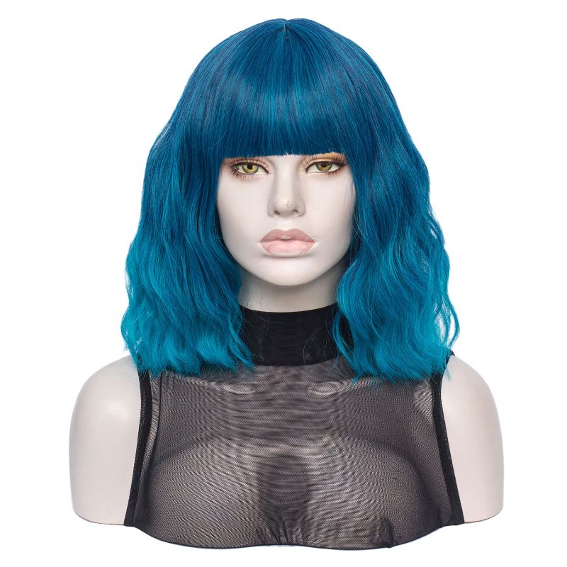 Photo 1 of  QACCF Short Teal Wig Short Wavy Shoulder Length Turquoise Women Full Bang Blue Ombre Halloween Fun Party Neon Wig (Teal) 