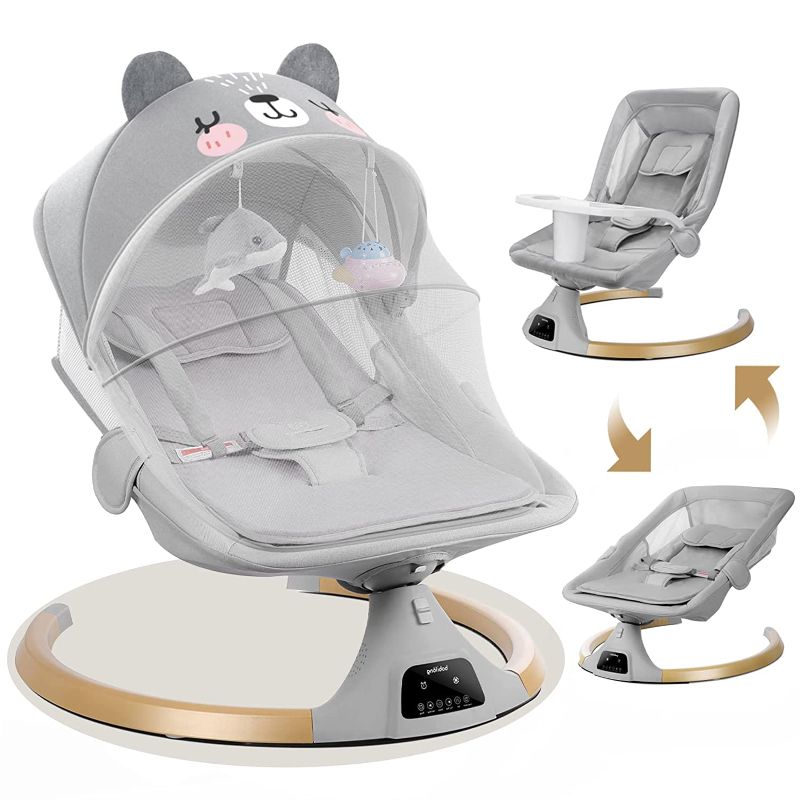 Photo 1 of Baby Swings for Infants to Toddler,3 in 1 Electric Remote Control Baby Bouncers for Infants with Detachable Dinner Plate,4 Sway Ranges,Bluetooth Support Heavy Duty Base Baby Rocker for 0-24 Month