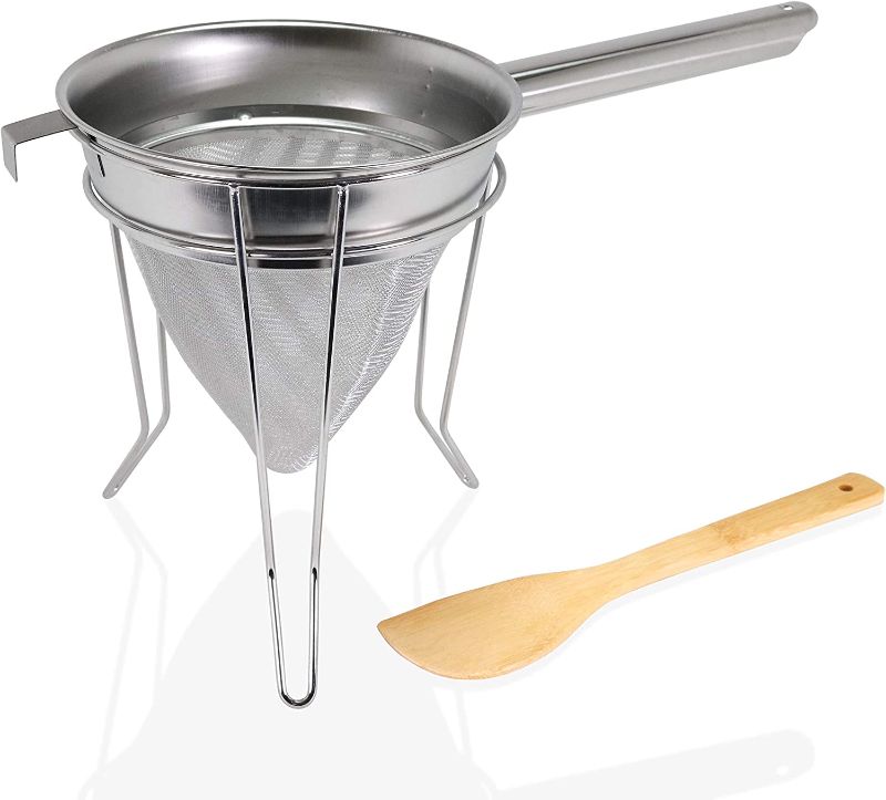 Photo 1 of Anchy Chinois Kitchen Sieve 20 cm Large with Extra Fine Durable Stainless Steel Mesh Sieve Large Lace Strainer Set with Spatula and Stand