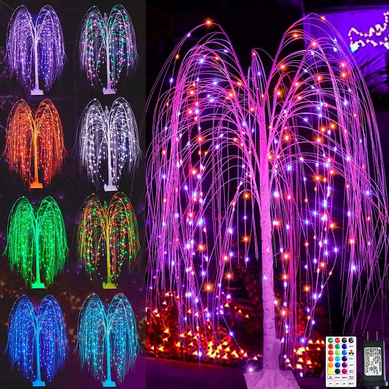 Photo 1 of 6FT LED Lighted Willow Tree Outdoor, Color Changing Willow Tree Lights with Remote, Weeping Willow Christmas Tree Colorful Green Pink for Christmas Party Wedding Holiday Patio Front Door Decoration 