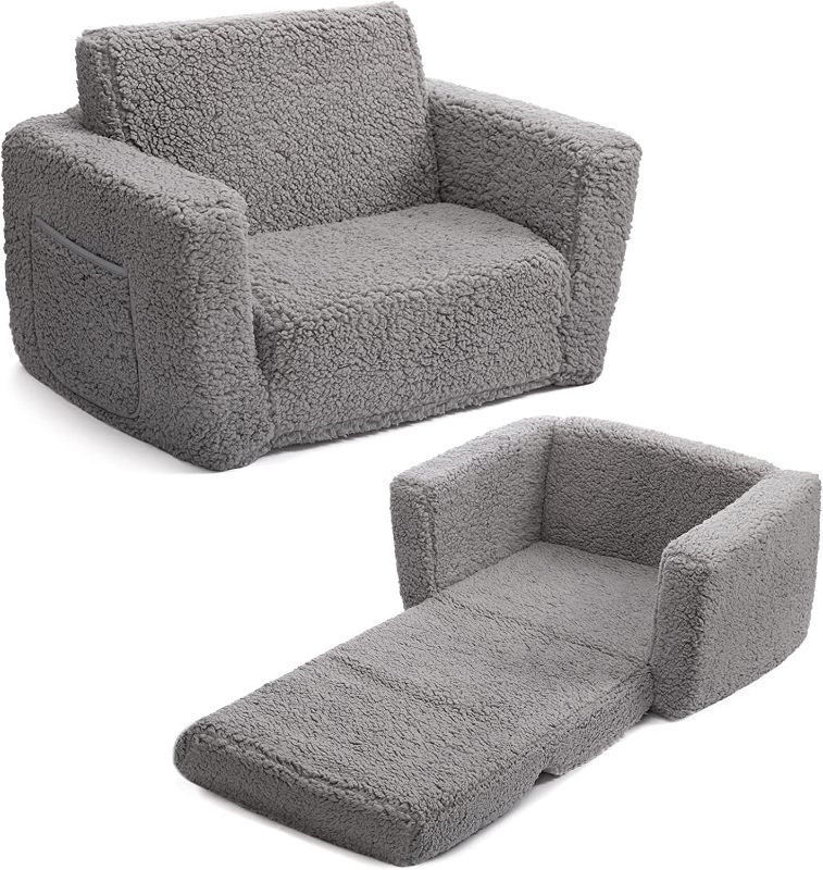 Photo 1 of ALIMORDEN 2-in-1 Flip Out Cuddly Sherpa Toddler Couch, Convertible Sofa to Lounger, Grey