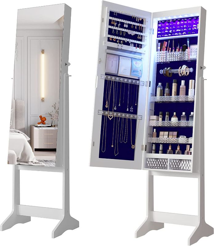 Photo 1 of Gurexl 60''H Jewelry Armoire 8 LEDS, Wall/Door Mounted/Floor Standing Full Length Mirror Lockable Jewelry Armoire Cabinet with Adjustable Acrylic Storage Shelf for Living Room Bedroom Cloakroom

