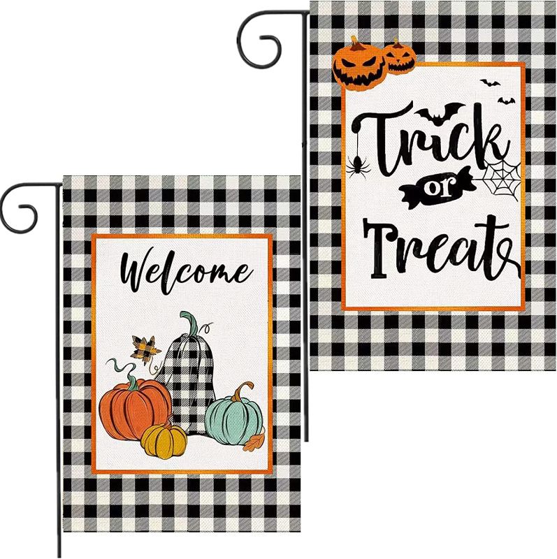 Photo 1 of 2 Pack Halloween Welcome Fall Garden Flags 12x18 Double Sided, Vertical Burlap Plaid Pumpkin Fall Thanksgiving Garden Flag, Trick or Treat Garden Flag for Home Garden Yard Outdoor Halloween Decor 