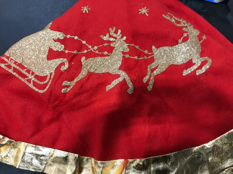 Photo 1 of Red Christmas Tree Skirt with Gold Rim 48",Flannelette Santa Reindeer Xmas Party Holiday Decorations for 7Ft/7.5Ft/8Ft Christmas Tree (Red, 48") Red 48"