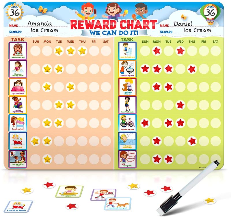 Photo 1 of Chore Chart for Multiple Kids, Behavior Chart for Kids at Home, Dry Erase, and Magnetic Reward Chart for 2 Kids, Includes 54 Chores