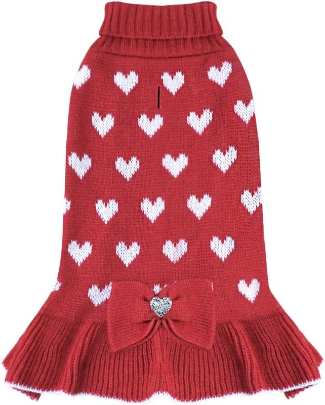Photo 1 of KYEESE Valentine's Day Dog Sweater Dress for Medium Dogs with Leash Hole Turtleneck Dog Sweaters Knitwear with Bowtie for Winter 