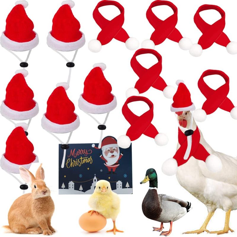 Photo 1 of 12 Pieces Chicken Christmas Hats Scarf Red Santa Hat Cloak and Scarf Pet Costumes with Adjustable Chin Strap for Hens Duck Rabbit Kitten Christmas Supplies