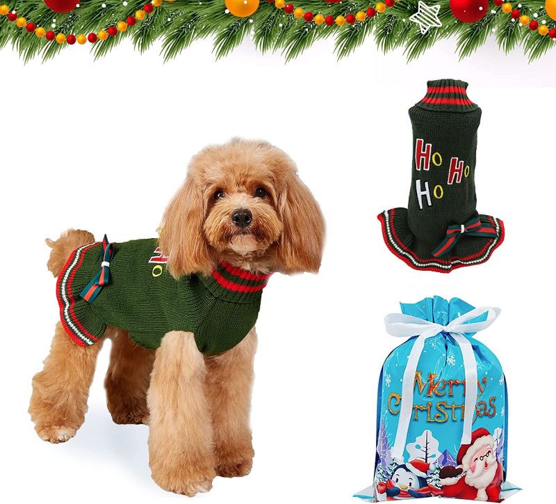 Photo 1 of DK177 Dog Sweater Dress Dog Sweaters Turtleneck Dog Apparel with Bowtie, Christmas Sweater Pet Clothes Holiday Puppy Cat Costume New Year Gift for Small Or Medium Large Dogs (Green)