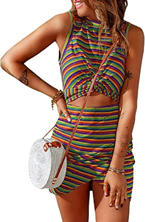 Photo 1 of Acelitt Women's Cut Out Bodycon Stripe Dress Summer Sleeveless Ruched Party Evening Dresses S Multicolor L
