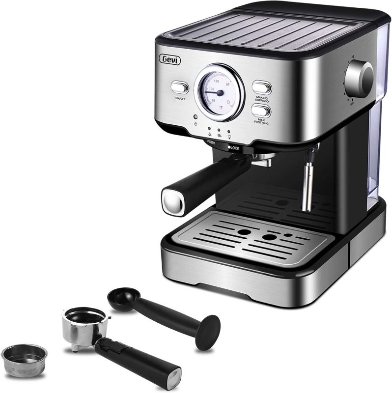 Photo 1 of Gevi Espresso Machine 15 Bar Coffee Machine with Foaming Milk Frother Wand for Espresso, Cappuccino, Latte and Mocha, Steam Espresso Maker For Home Barista, Adjustable Milk Frothing and Double Temperature Control System, Stainless Steel, 1100W
