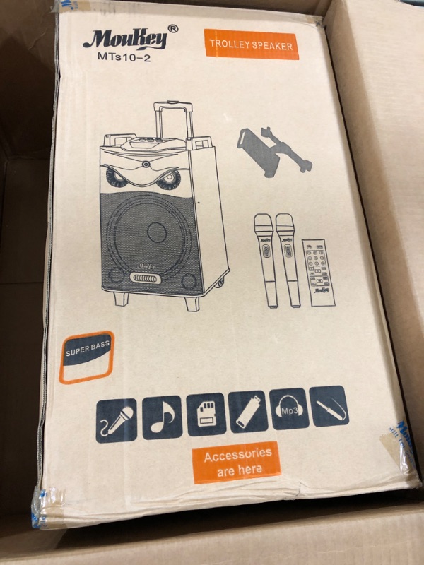 Photo 5 of Moukey Karaoke Machine, PA System Subwoofer, Portable Bluetooth Speaker w/ 2 Wireless Microphones, Lyrics Display Holder, Party Lights & Echo/Treble/Bass Adjustment, Support TWS/REC/AUX/MP3/USB/TF/FM 10" Subwoofer