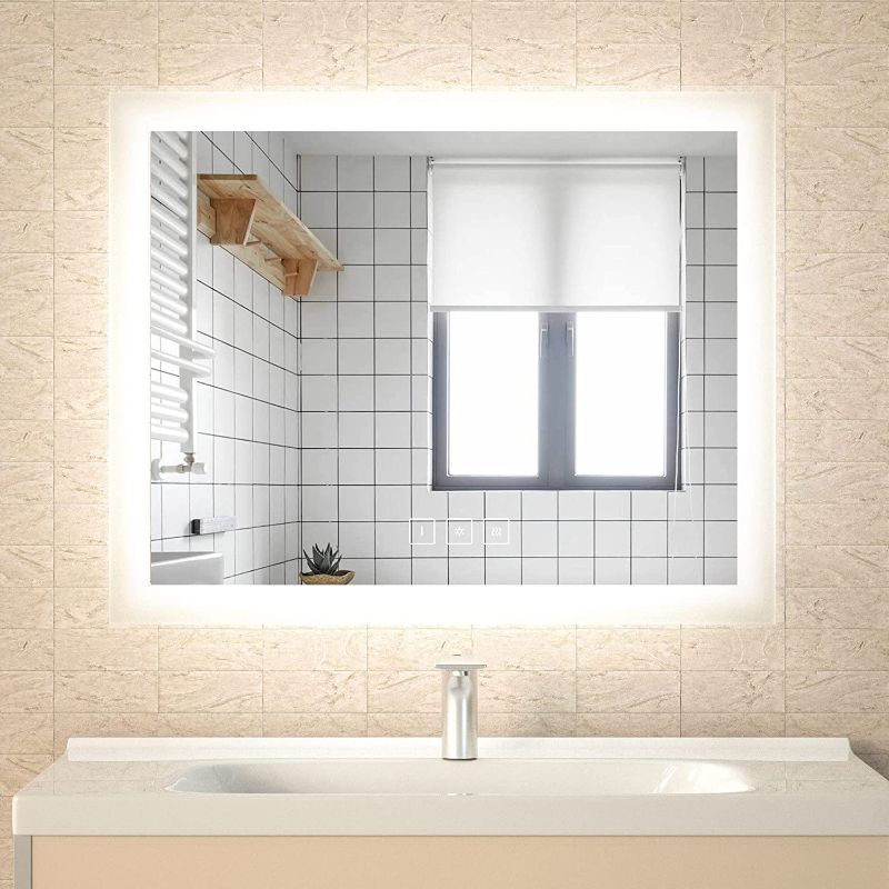 Photo 1 of HAUSCHEN HOME 32 x 40 inch LED Lighted Bathroom Mirror, Wall Mounted Dimmable Vanity Backlit Mirror, Anti-Fog Mirror, 3-Color Adjustable Warm/Natural/White Light, Horizonal & Vertical, ETL Listed
