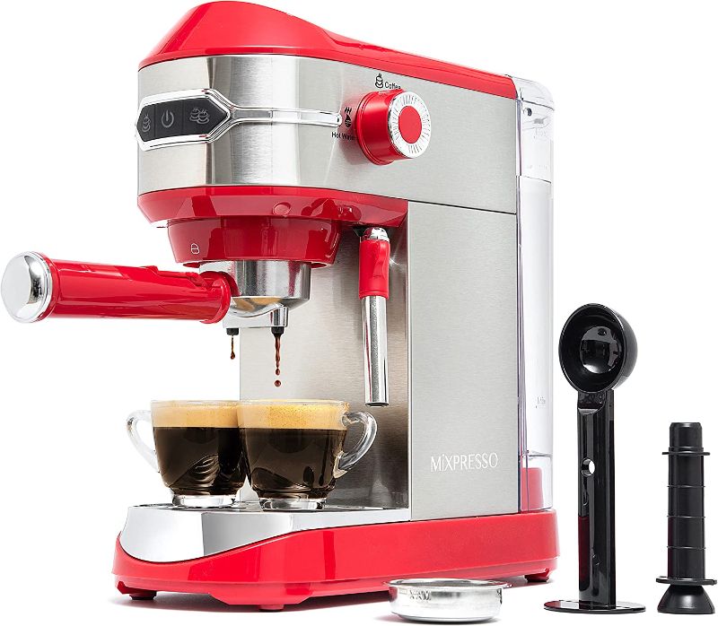 Photo 1 of Mixpresso Espresso Maker, 15 Bar Espresso Machine With Milk Frother, Fast Heating Automatic Espresso Machine, Steam Wand For Latte and Cappuccino 37 Oz Removable Water Tank, 1450W Coffee Maker (Red)
