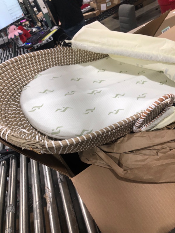 Photo 3 of Baby Changing Basket - with Thick Pad & 3 Waterproof Bamboo Jacquard Covers. Organic Seagrass Moses Basket for Babies - CPSC Compliant, Premium Changing Table Topper - Unique Boho Baby Decor Natural / White