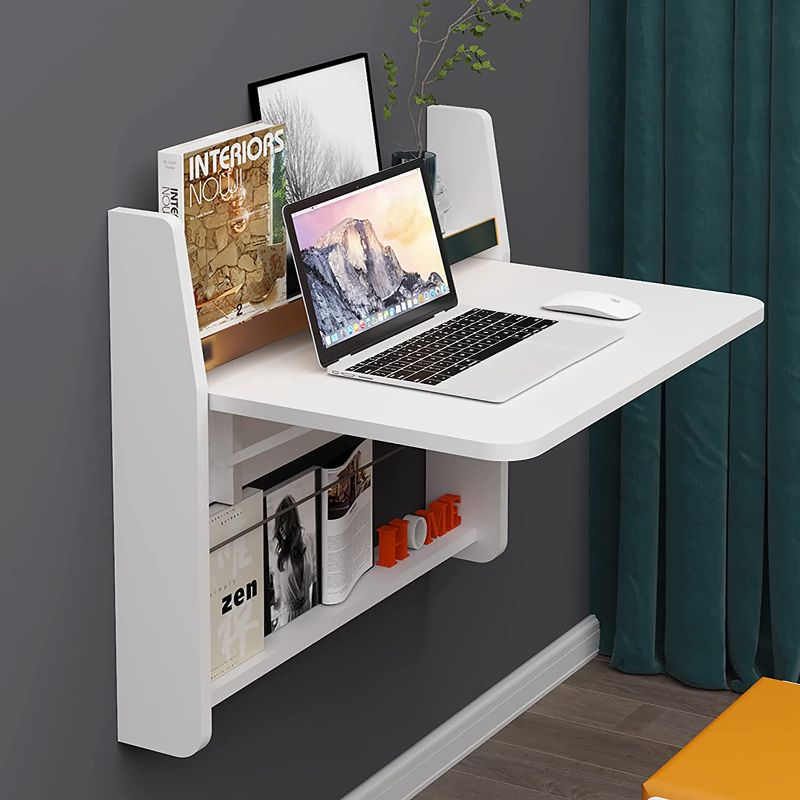 Photo 1 of Pmnianhua Floating Wall Desk,Wall Mounted Home Office Table Desk Workstation Folding Laptop Computer Desk with Storage Shelf (Grayish-White,32'')
