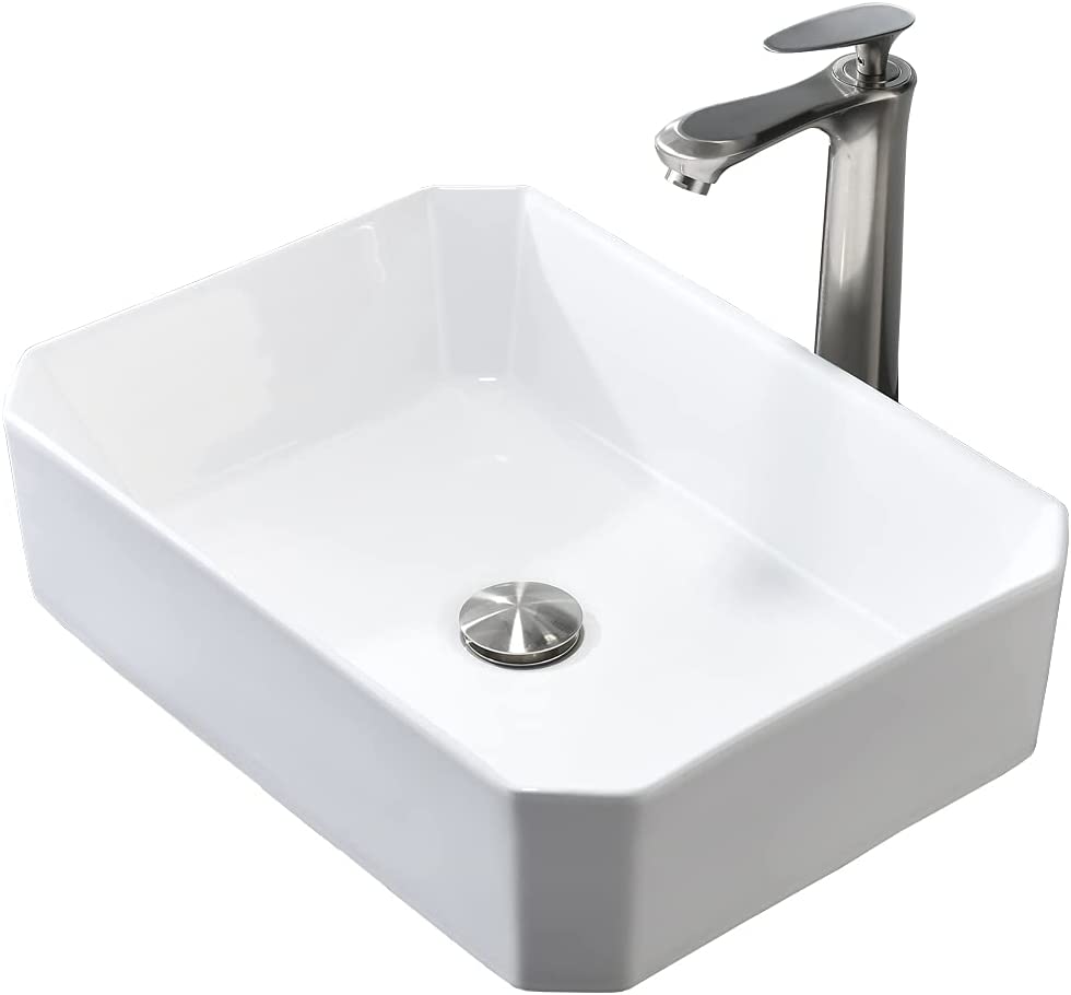 Photo 1 of Above Counter Bathroom Vessel Sink-Hovheir 20x15 inch Bathroom Sink and Faucet Combo White Vanity Sink Ceramic Bowl Sink Countertop Sink Brushed Nickel Tall Vessel Faucet Pop-up Drain Included