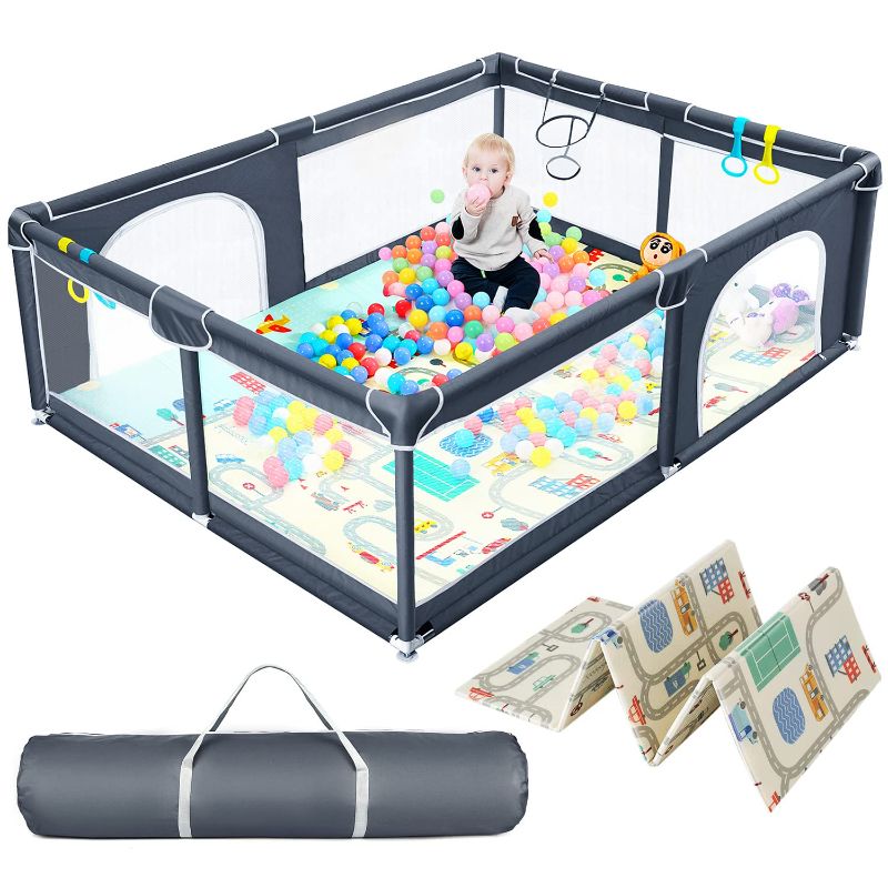 Photo 1 of Baby Playpen, Large Play Pens for Babies and Toddlers, Baby Gate Playpen Play Center Yard with Door, Baby Fence Play Area, Kids Play Pen(Black)