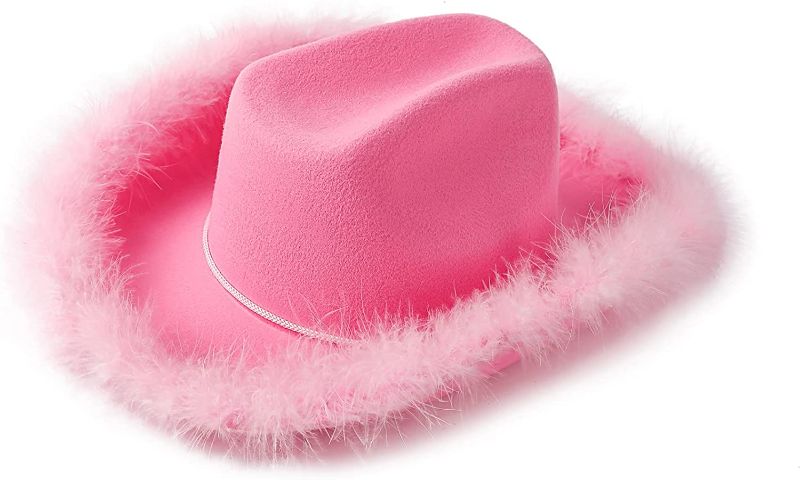 Photo 1 of Amybasic Pink Feather Boa Cowgirl Hat for Teengae Girls or Women for Bachelorette Party, Cowboy Themed Party and Birthday
