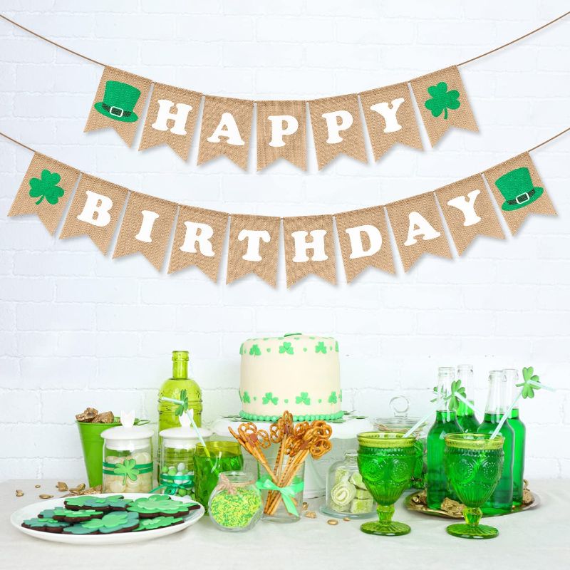 Photo 1 of 3sscha 2Pcs Happy Birthday Banner St.Patrick's Day Decoration Lucky One Clover Linen Banner 1st Birthday Spring Hanging Decor Outdoor Burlap Bunting Flag Photo Props Backdrop for Party Favor Supplies