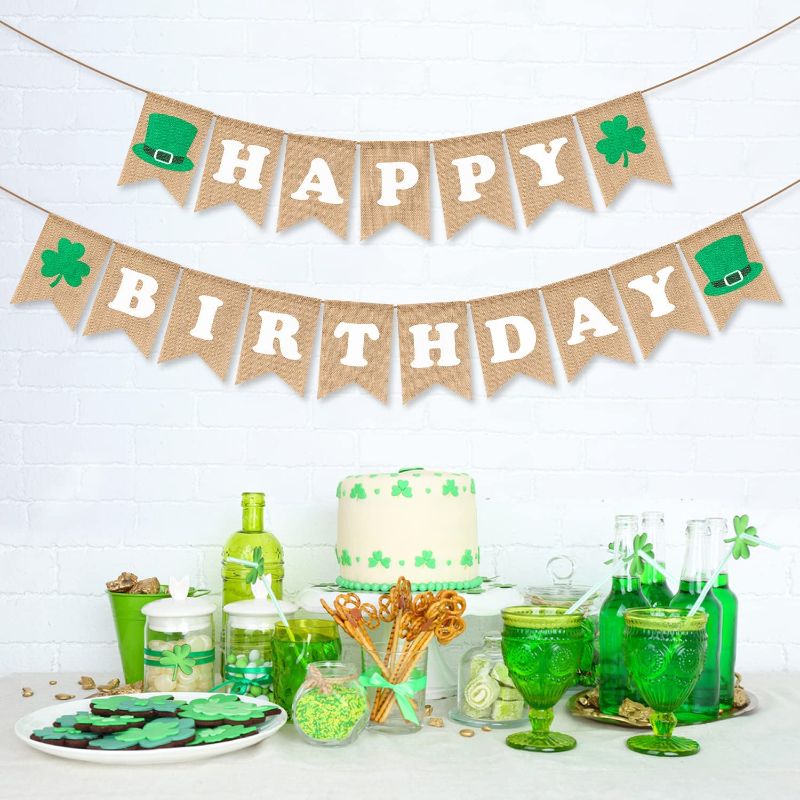 Photo 1 of 3sscha 2Pcs Happy Birthday Banner St.Patrick's Day Decoration Lucky One Clover Linen Banner 1st Birthday Spring Hanging Decor Outdoor Burlap Bunting Flag Photo Props Backdrop for Party Favor Supplies
