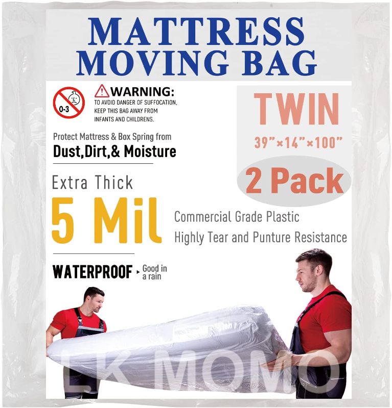 Photo 1 of 5 Mil Mattress Bag for Moving, 2 Pack Mattress Storage Bag - Extra Thick Mattress Protector Twin Size, Heavy Duty Plastic Bag for Moving Mattress with Highly Tear and Puncture Resistance (2, Twin)
