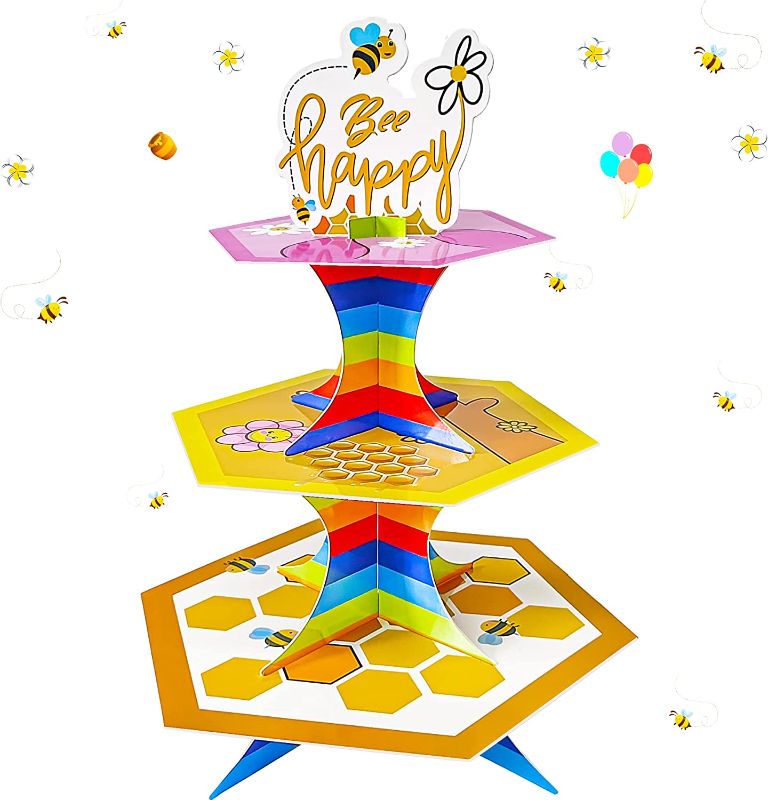 Photo 1 of Cartoon Winni Bear cupcake stand 3-tier Honey Bee Birthday cake stand for bear and bee theme Party Supplies Baby Shower cake Decoration
