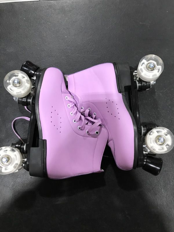 Photo 2 of Roller Skates for Women and Men Cowhide High-Top Shoes Classic Double-Row Roller Skates Four-Wheel Roller Skates for Men Girls Unisex purple flash 43=US:9