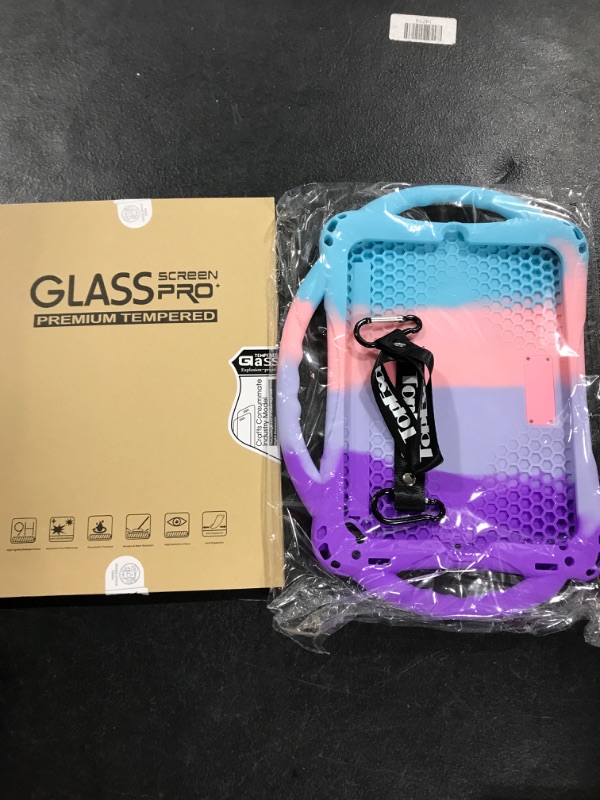 Photo 2 of iPad 6th/5th Generation Case,TopEsct Kids Case for New iPad 2017/2018 9.7 inch with Tempered Glass Screen Protector and Strap,Silicone Shockproof iPad Air & Air 2 Case (Purple and Turquoise)