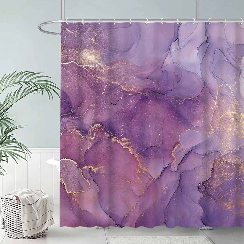 Photo 1 of Allenjoy Purple Marble Shower Curtain Lavender Gold Pattern Elegant Texture Abstract Fabric Bathroom Curtains Set Ink Art Painting Decor Durable Bathtub Showers Decor with 12 Hooks 72x72 Inch
