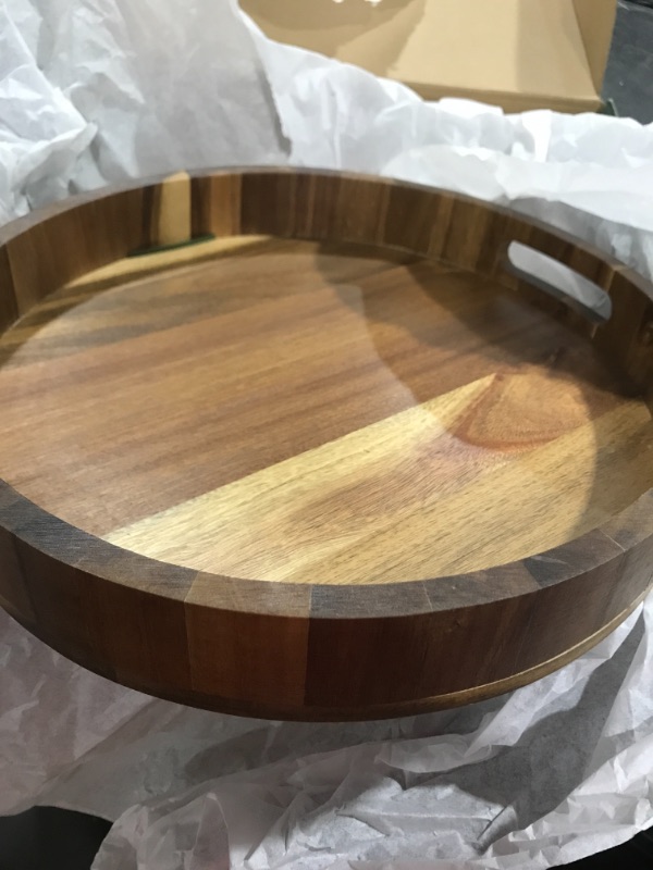 Photo 3 of 14" Wooden Tray, Natural Acacia Wood, Lazy Susan Rotating Mechanism Base Serving Tray Round, Carved Handles & Rimmed Edge Rustic Centerpiece Display